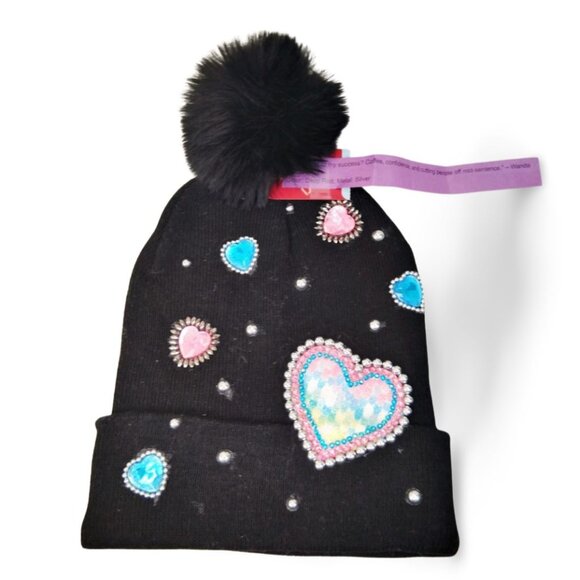 Custom Knit Black & Silver Multi Color Heart Crystal Embellished Beanie TT1524 - Picture 3 of 4